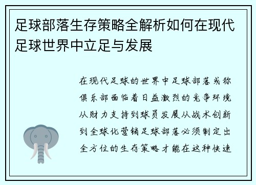足球部落生存策略全解析如何在现代足球世界中立足与发展